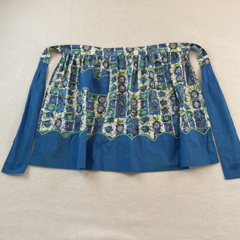 Vintage Handmade Blue Floral Batik Half Apron Rickrack Trim Pocket Retro MCM